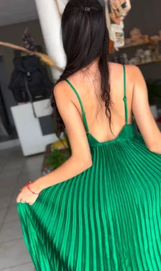 Green Spaghetti Straps Pleated V Neck Party Prom Dress A Line Evening Gown Y7958 by simplepromdress