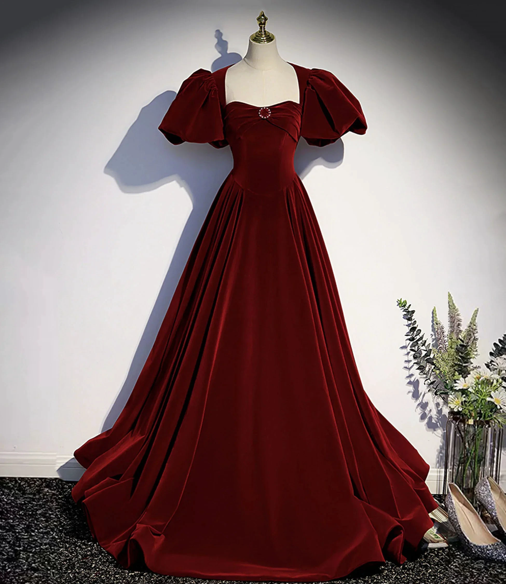 Elegant burgundy velvet evening gown with puff sleeves on mannequin, ZAPDRESS fashion