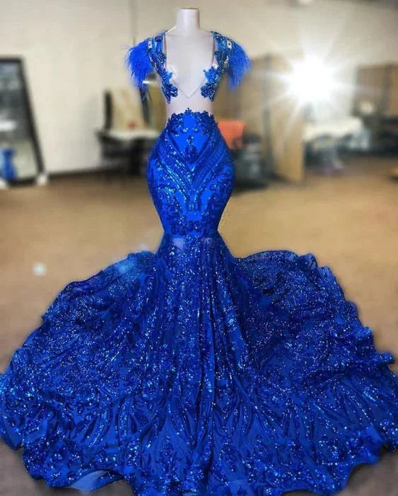 Feather Modest Evening Dress Elegant Royal Blue Sparkly Mermaid Prom Gown Y6657 by simplepromdress