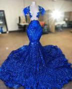 Feather Modest Evening Dress Elegant Royal Blue Sparkly Mermaid Prom Gown Y6657 by simplepromdress