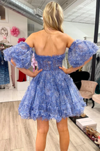 Blue Puff Sleeves Ruffles A-line Prints Homecoming Dress Y2714 by simplepromdress