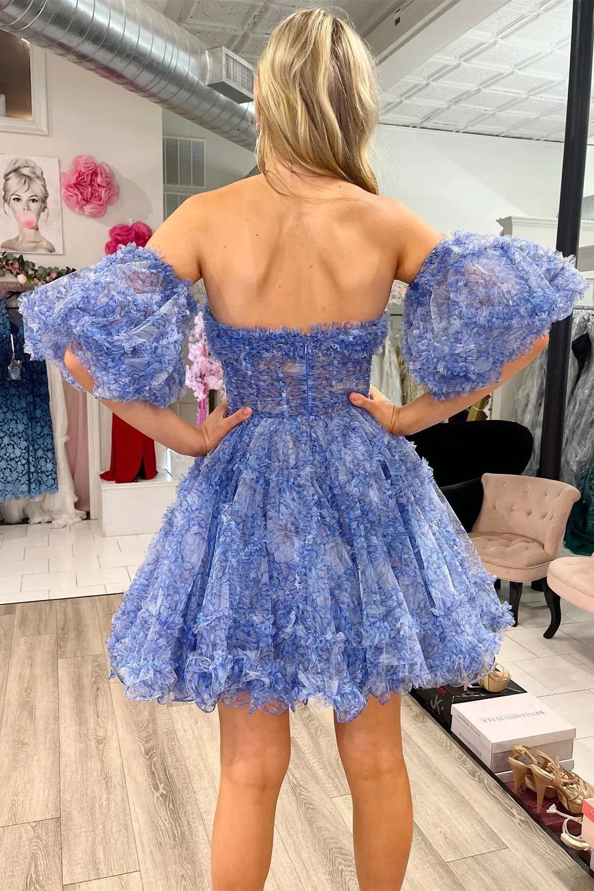 Blue Puff Sleeves Ruffles A-line Prints Homecoming Dress Y2714 by simplepromdress