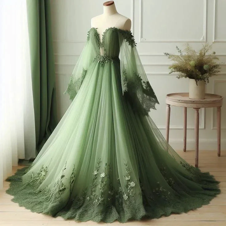 Unique Off The Shoulder Tulle Lace Applique Evening Dress Green Long Prom Dress Y8395 by simplepromdress