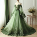 Unique Off The Shoulder Tulle Lace Applique Evening Dress Green Long Prom Dress Y8395 by simplepromdress