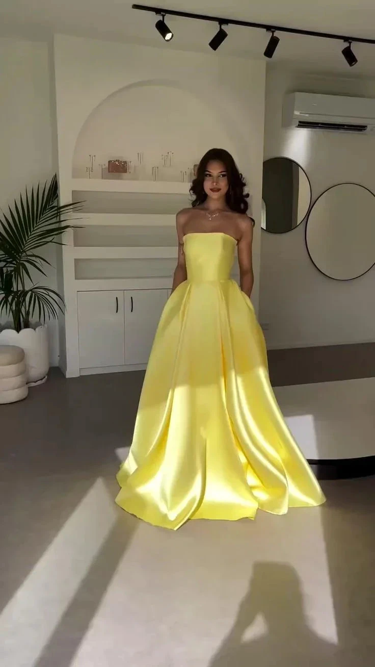 Elegant Yellow Satin Strapless A Line Prom Dress Long Evening Gown With Pockets Y8469 by simplepromdress