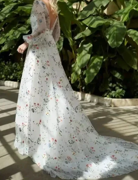 French Elegant Floral Chiffon Long Sleeve Bridal Dress ,V Neck Wedding Dress Y2065 by simplepromdress