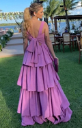 A Line Purple Prom Dresses,Tiered Stretch Satin Evening Dress Y4056 by simplepromdress