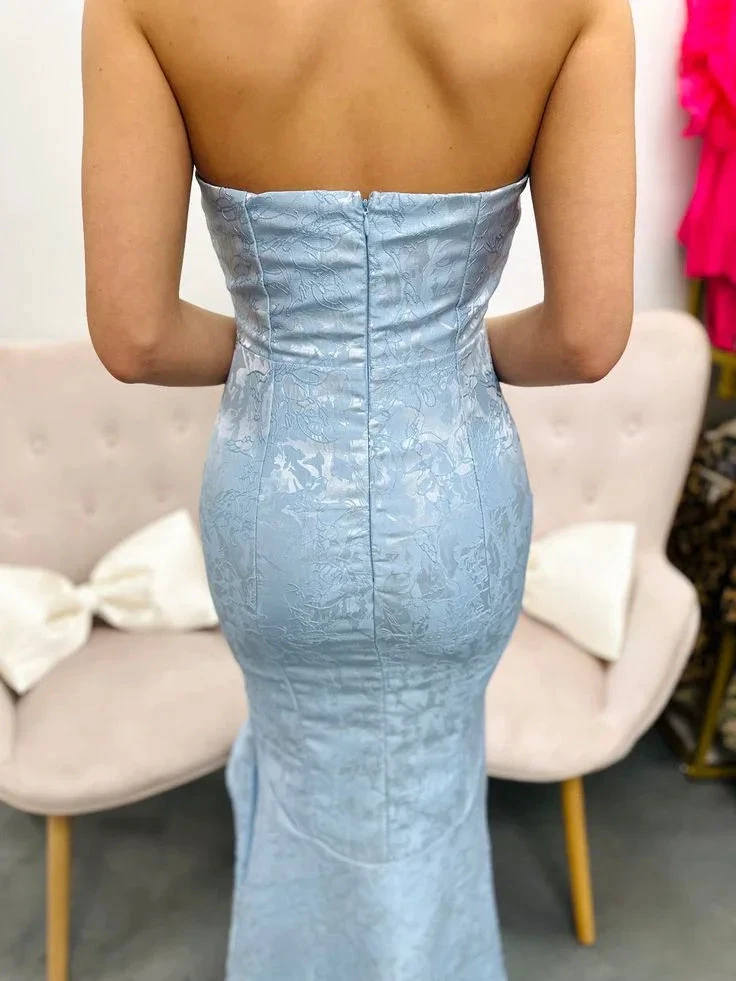 Chic Strapless Mermaid Evening Dress Blue Satin Print Prom Dress Y8234 by simplepromdress