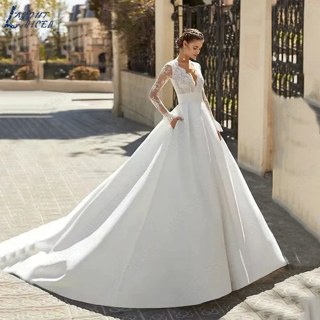 Elegant Wedding Dresses For Woman Vestidos De Novia V Neck Lace Long Sleeves Satin Bridal Gown Illusion Back Bride Hover Image