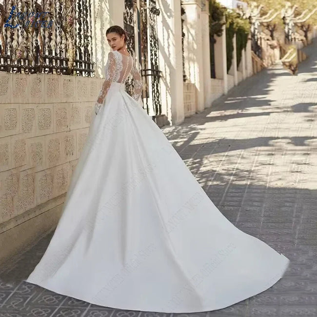 Elegant Wedding Dresses For Woman Vestidos De Novia V Neck Lace Long Sleeves Satin Bridal Gown Illusion Back Bride Main Image