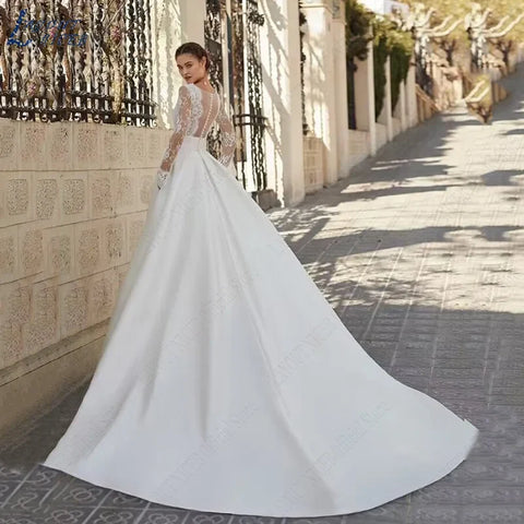 Elegant Wedding Dresses For Woman Vestidos De Novia V Neck Lace Long Sleeves Satin Bridal Gown Illusion Back Bride