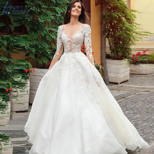 Graceful Wedding Dresses Bobo Illusion Long Sleeves Women Appliqued Lace Bridal Gowns Sexy Tulle فستان حفلات الزفاف Hover Image