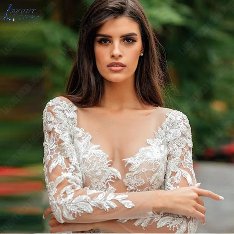 Graceful Wedding Dresses Bobo Illusion Long Sleeves Women Appliqued Lace Bridal Gowns Sexy Tulle فستان حفلات الزفاف