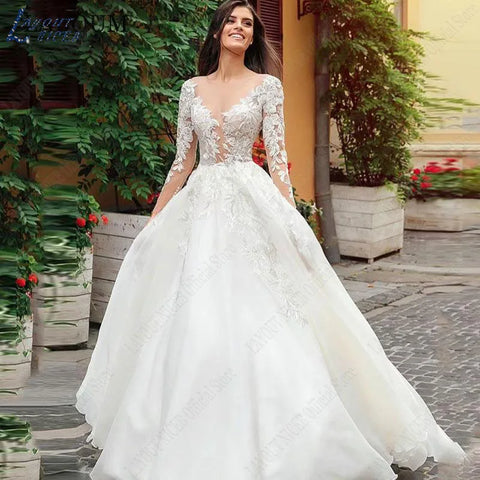 Graceful Wedding Dresses Bobo Illusion Long Sleeves Women Appliqued Lace Bridal Gowns Sexy Tulle فستان حفلات الزفاف