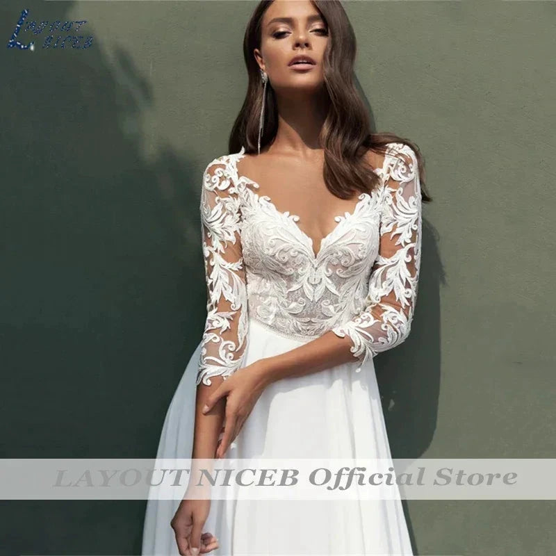 Lace Wedding Dresses Women Chiffon Boho Appliques Bridal Gowns Half Sleeve Beach Vestidos De Novia Casamento Civil by payinti
