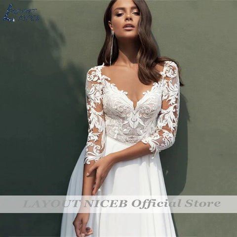 Lace Wedding Dresses Women Chiffon Boho Appliques Bridal Gowns Half Sleeve Beach Vestidos De Novia Casamento Civil