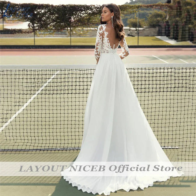 Lace Wedding Dresses Women Chiffon Boho Appliques Bridal Gowns Half Sleeve Beach Vestidos De Novia Casamento Civil Main Image