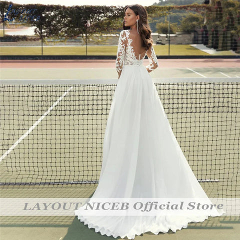 Lace Wedding Dresses Women Chiffon Boho Appliques Bridal Gowns Half Sleeve Beach Vestidos De Novia Casamento Civil