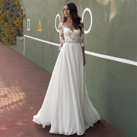 Lace Wedding Dresses Women Chiffon Boho Appliques Bridal Gowns Half Sleeve Beach Vestidos De Novia Casamento Civil