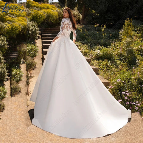 Wedding Dresses For Woman Lace Half Sleeves Luxury Satin Bridal Gown Illusion Appliqued Bride Vestidos De Boda 2023