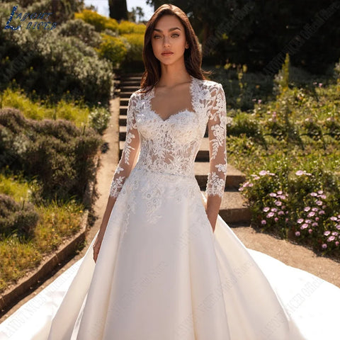 Wedding Dresses For Woman Lace Half Sleeves Luxury Satin Bridal Gown Illusion Appliqued Bride Vestidos De Boda 2023