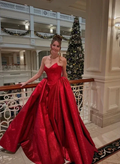 Pretty Red Satin A Line Party Prom Dress,Strapless Ball Gown Y8086 by simplepromdress