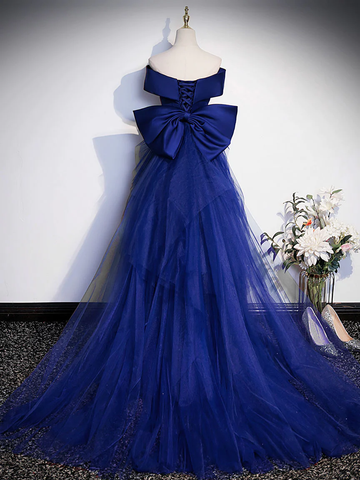 Vestido de fiesta largo de satén azul real con corte sirena y hombros descubiertos, vestido de noche azul Y7429