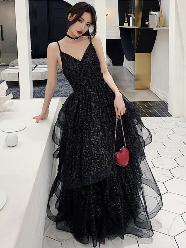 Shiny Black V Neck Prom Dresses, Backless Black V Neck Formal Evening Gown Y1148 Hover Image