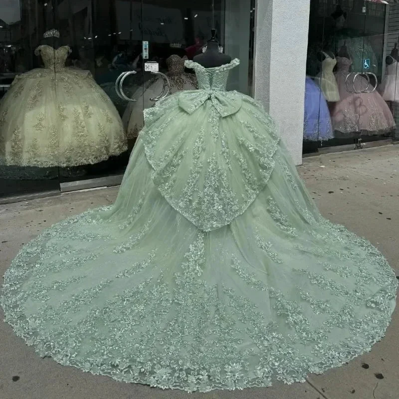 Luxury Mint Green Off The Shoulder Quinceanera Dress Tulle Applique Beading Tiered Bow Birthday Ball Gown Y8125 by simplepromdress