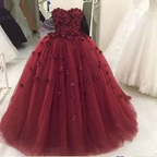 Charming Strapless Burgundy Tulle Ball Gown With Hand Flowers Y1218 by simplepromdress