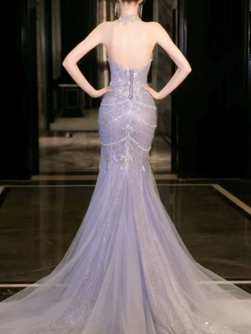 Gorgeous Lilac Tulle Beaded Wedding Prom Dress Mermaid Evening Dress Y8057