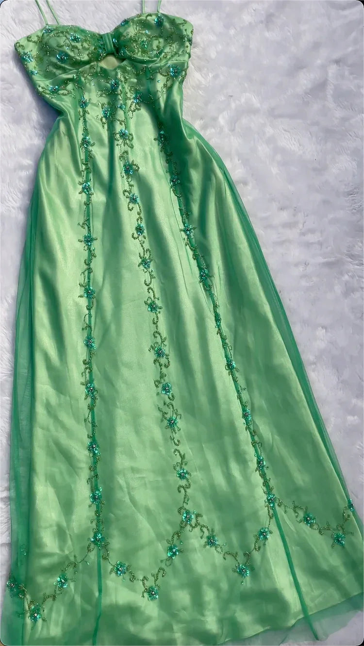 Elegant Green Tulle Beaded Long Prom Evening Dress Y8298 by simplepromdress