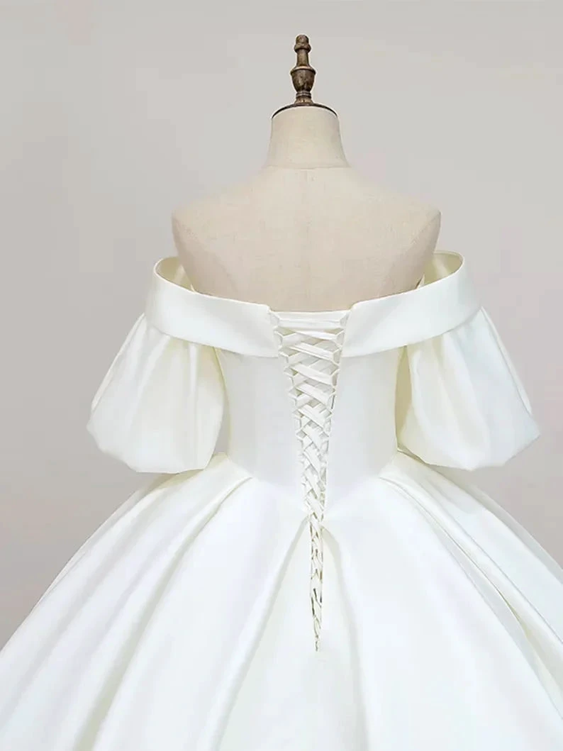 Simple Off-Shoulder Short Sleeves Wedding Dress Satin Chapel Train Ball Gown Bridal Dress Y2388 by simplepromdress