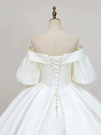 Simple Off-Shoulder Short Sleeves Wedding Dress Satin Chapel Train Ball Gown Bridal Dress Y2388 by simplepromdress