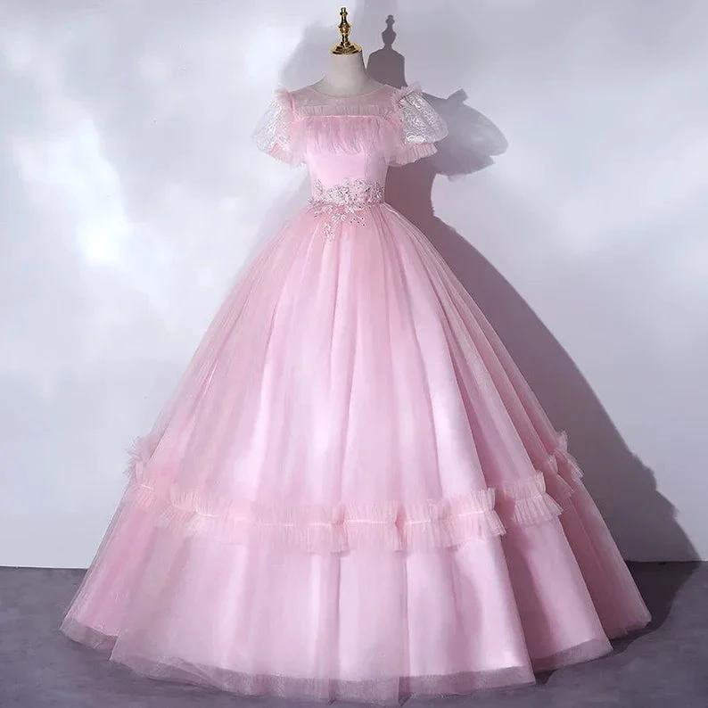 Beautiful Pink Quinceanera Dresses Luxury Puff Sleeves Classic Pleated Party Dress Zipper Back Ball Gown Y2588 by simplepromdress