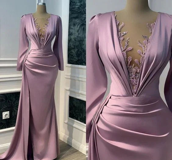 Vintage Purple Prom Dress Long Sleeve Illusion V-neck Mermaid Evening Dress Floor Length Y6647 by simplepromdress
