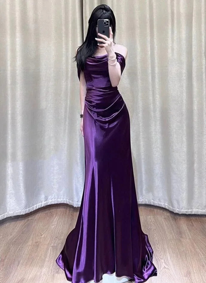Off Shoulder Purple Satin Long Evening Dress Y7372 by simplepromdress