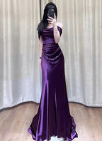 Off Shoulder Purple Satin Long Evening Dress Y7372 by simplepromdress