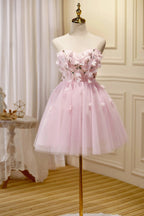 Cute Pink Strapless Sweetheart Appliques Tulle Short Homecoming Dresses by Cicinia