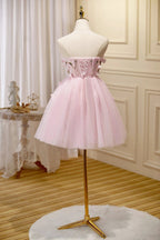 Cute Pink Strapless Sweetheart Appliques Tulle Short Homecoming Dresses by Cicinia