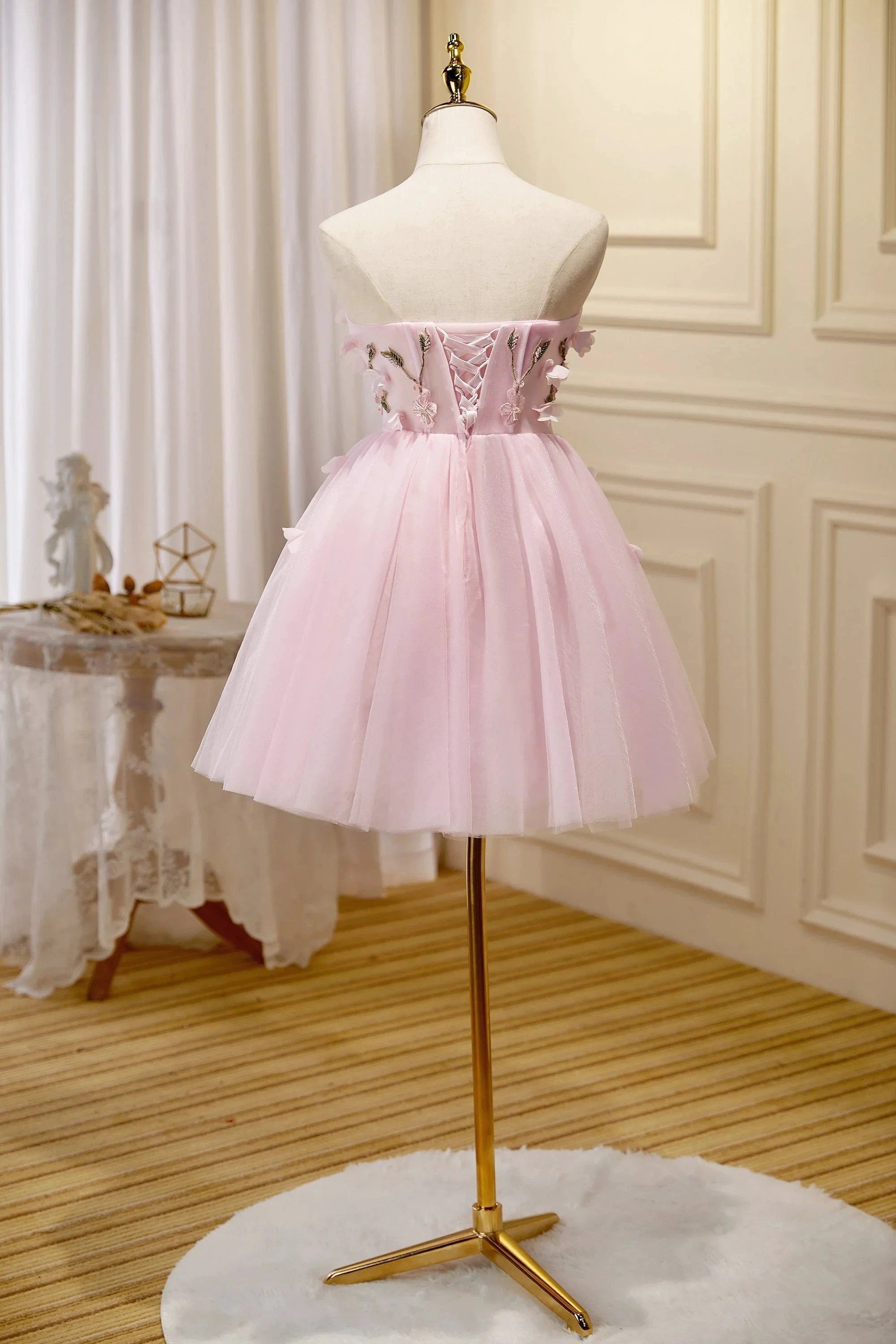 Cute Pink Strapless Sweetheart Appliques Tulle Short Homecoming Dresses by Cicinia
