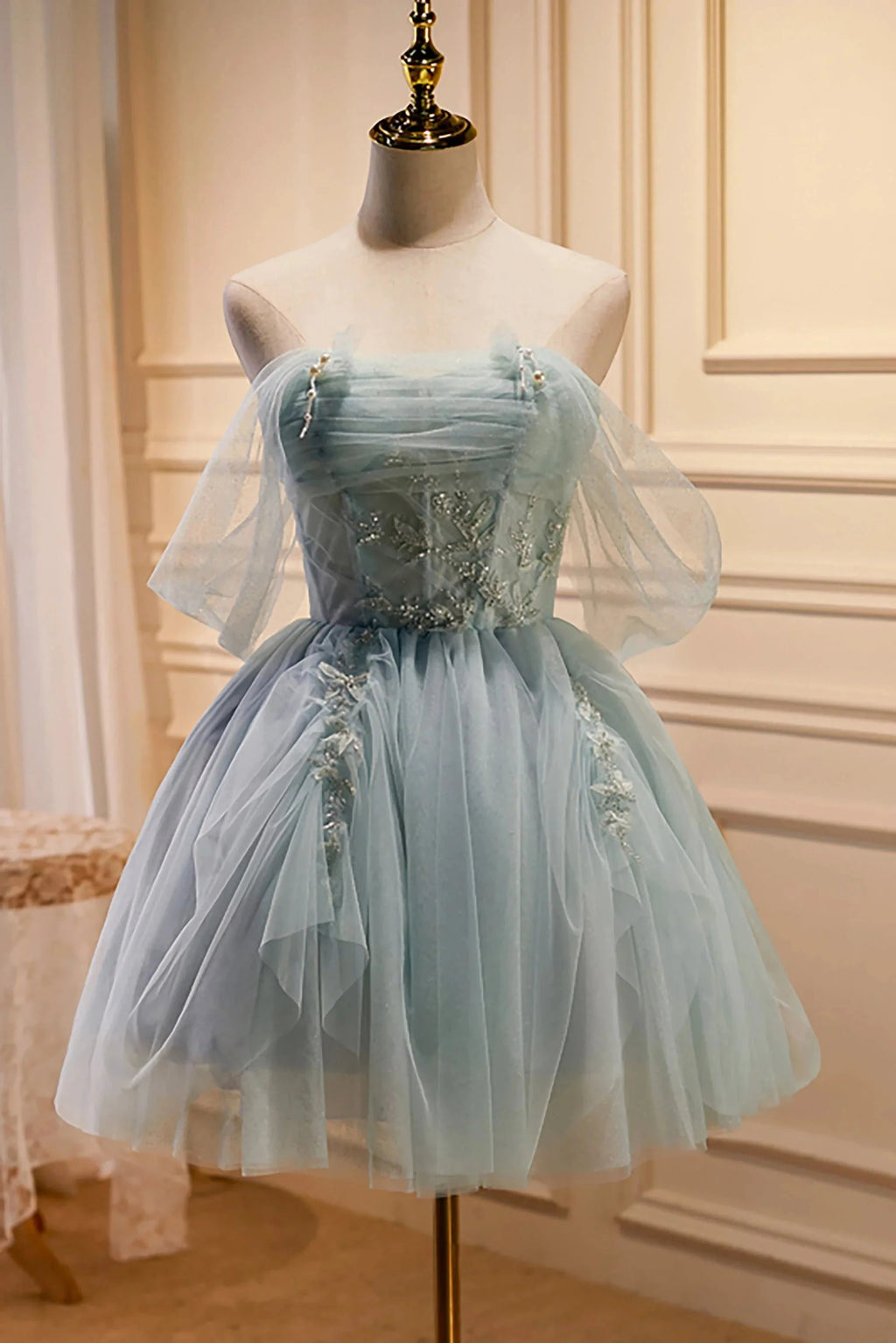 Charming Blue Off The Shoulder A Line Tulle Short Homecoming Dresses by Cicinia
