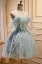 Charming Blue Off The Shoulder A Line Tulle Short Homecoming Dresses by Cicinia