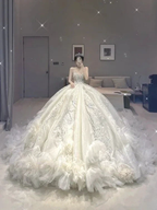 Luxurious White Puffy Wedding Dress With Trail,Stunning White Bridal Dress Y6770 by simplepromdress