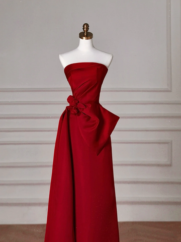 Elegant Red Satin Strapless Prom Dress A Line Formal Evening Dress Y8624
