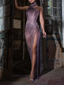 Sparkly Purple Halter Sequins Sheath Evening Dress Slit Prom Dress Y8442