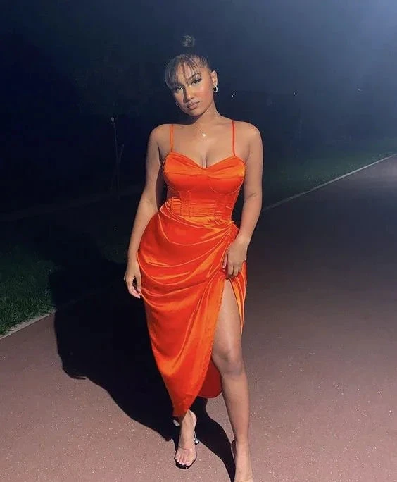Chic Orange Spaghetti Straps Evening Dress Orange Party Gown Y6354 by simplepromdress