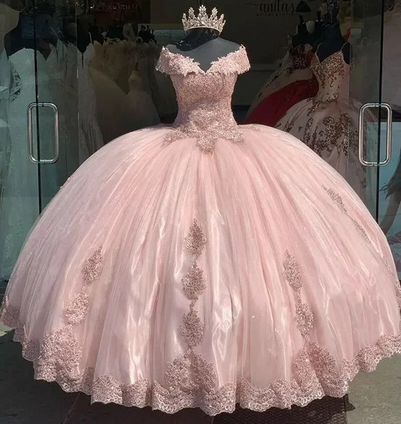 Sweet Pink Off The Shoulder Tulle LaceAppliques Ball Gown Quinceanera Dress Y7728 by simplepromdress