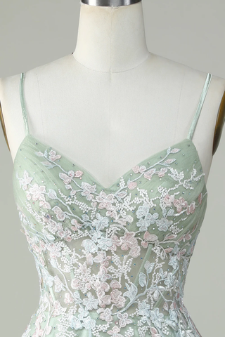 Dusty Sage Spaghetti Straps Homecoming Dress With Criss Cross Back Y2925
