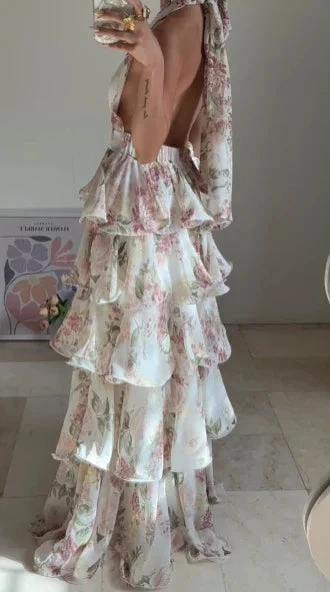 Glamorous Chiffon Print Floral A Line Backless Prom Dress V Neck Halter Layered Evening Dress Y8501 by simplepromdress